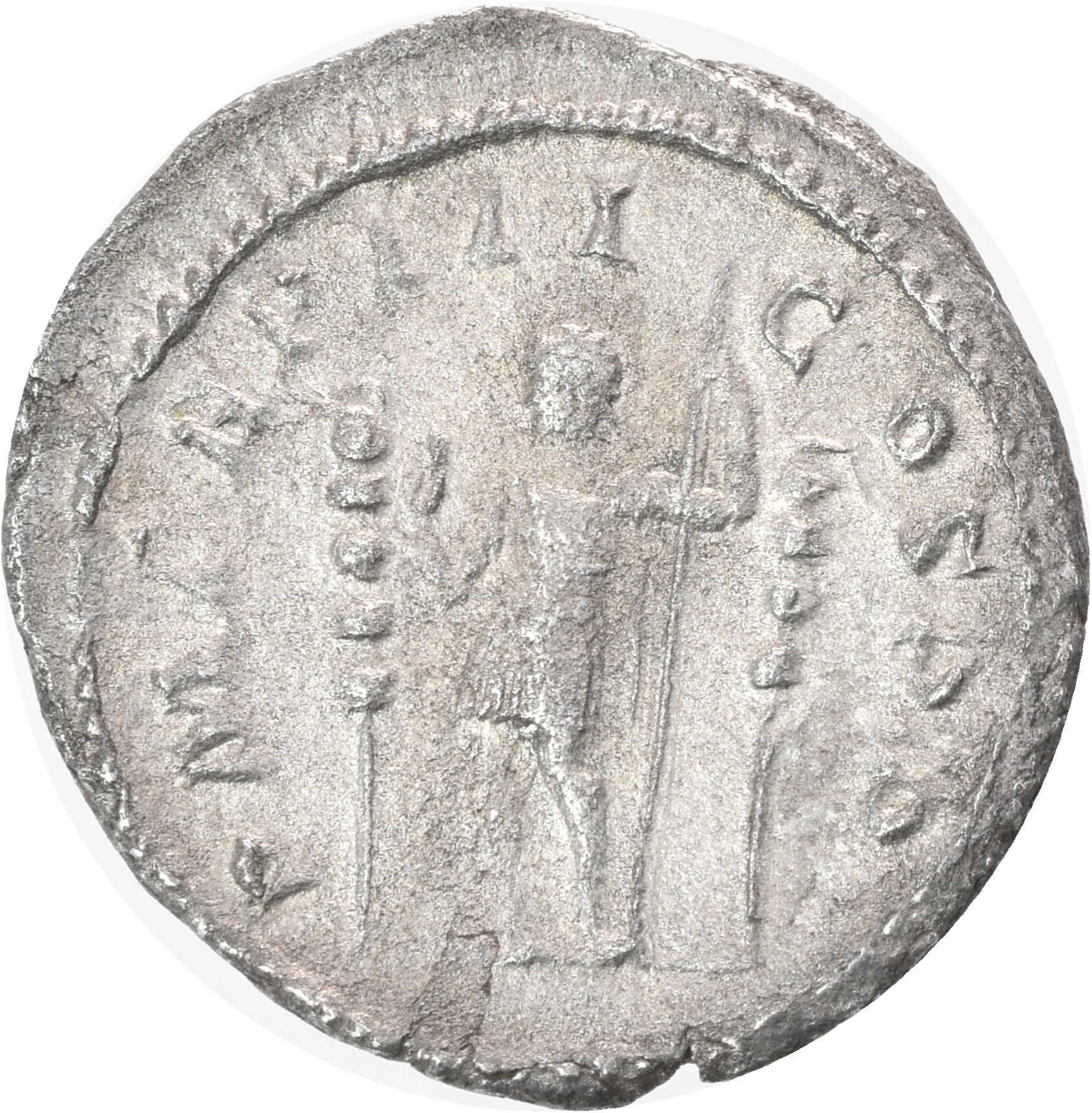 RIC IV Maximinus Thrax 5 (denarius) Maximinus Thrax reverse, Maximinus Thrax, in military attire, standing left between tw...