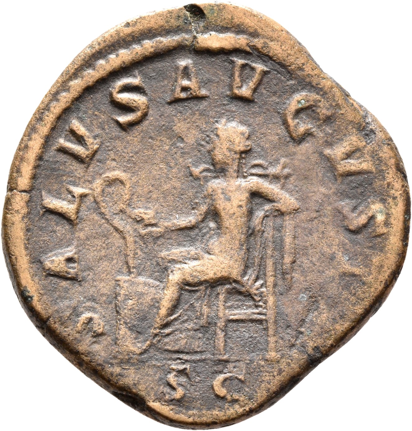 RIC IV Maximinus Thrax 64 Maximinus Thrax reverse — Salus, draped, seated left, feeding out of patera in right hand snake ...