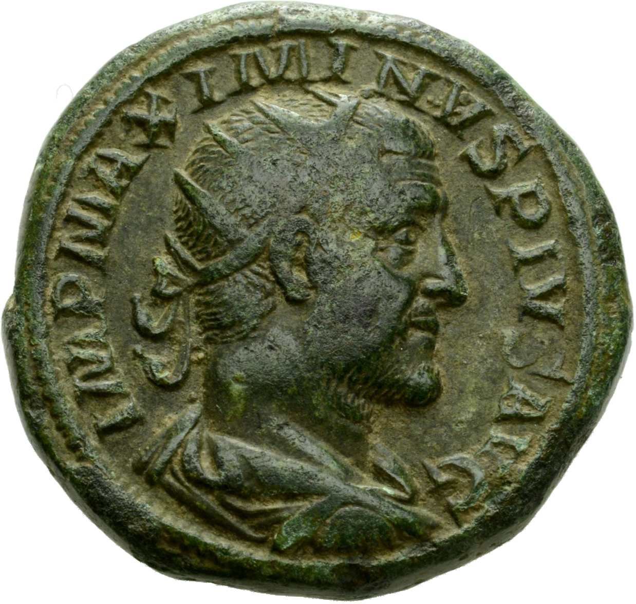 RIC IV Maximinus Thrax 65 Maximinus Thrax obverse, Bust of Maximinus I, radiate, draped, cuirassed, right