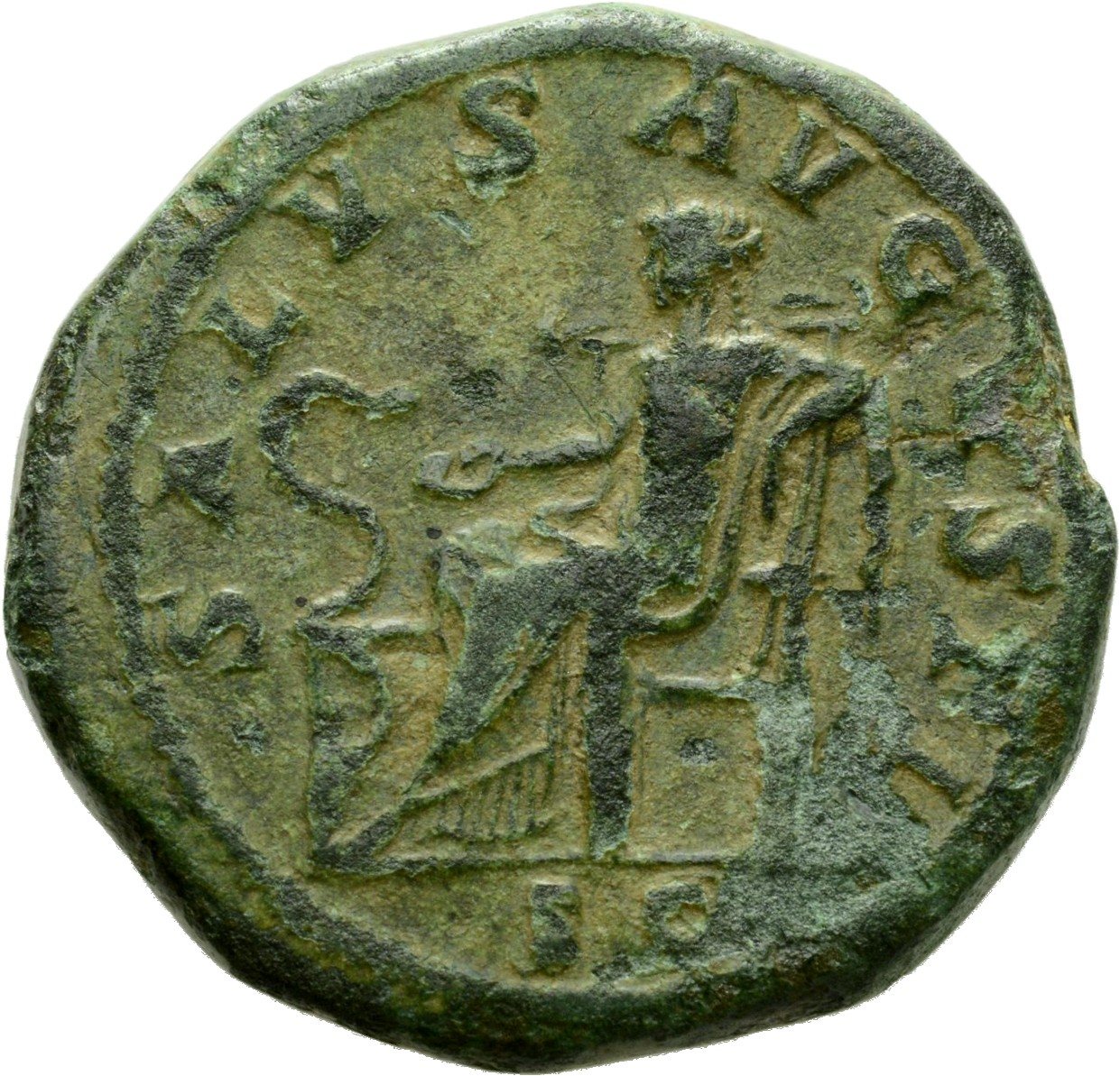 RIC IV Maximinus Thrax 65 Maximinus Thrax reverse, Salus, draped, seated left, feeding out of patera in right hand snake c...
