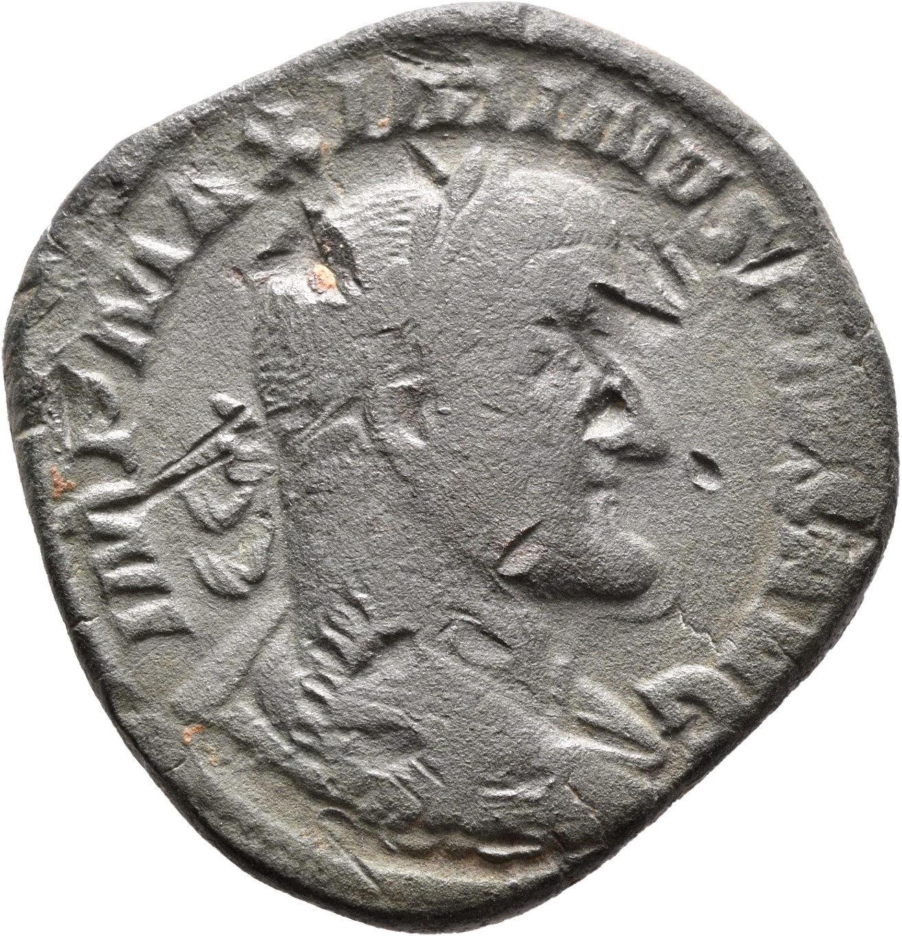 RIC IV Maximinus Thrax 70 Maximinus Thrax obverse, Bust of Maximinus I, laureate, draped, cuirassed, right