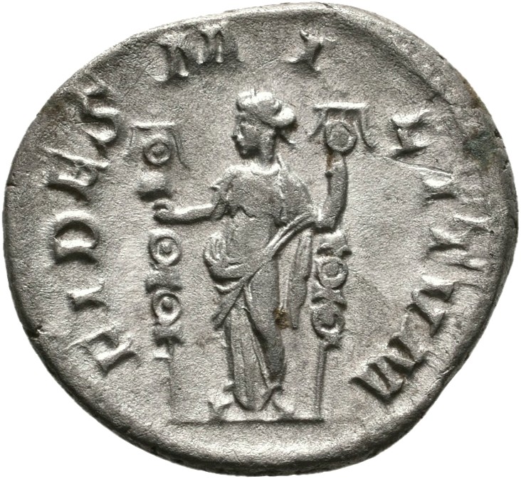 RIC IV Maximinus Thrax 7A (denarius) Maximinus Thrax reverse — Fides, draped, standing front, head left, holding military ...