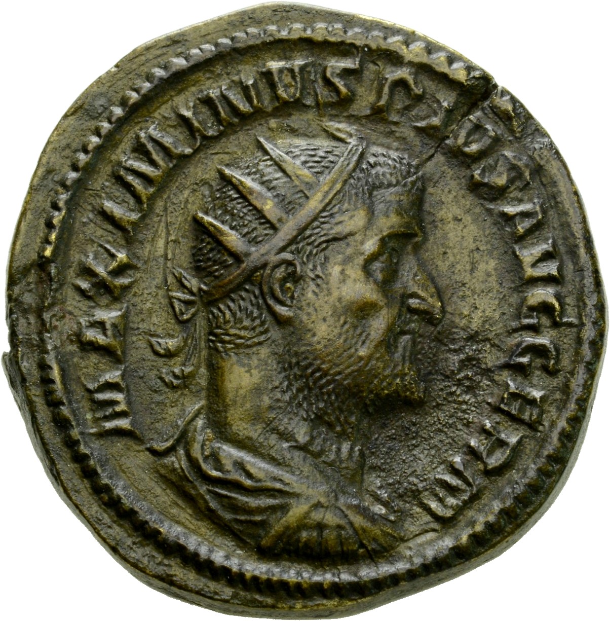 RIC IV Maximinus Thrax 82 Maximinus Thrax obverse, Bust of Maximinus I, radiate, draped, cuirassed, right