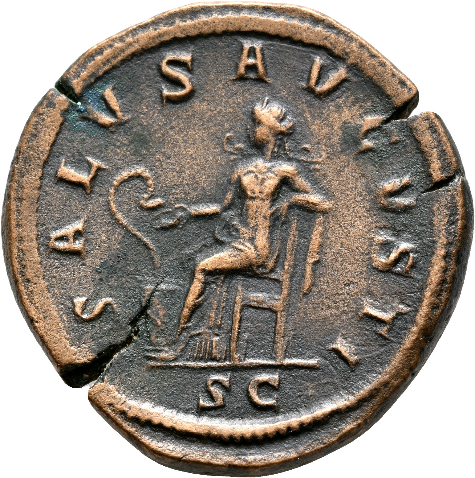 RIC IV Maximinus Thrax 85 Maximinus Thrax reverse — Salus, draped, seated left, feeding out of patera in right hand snake ...