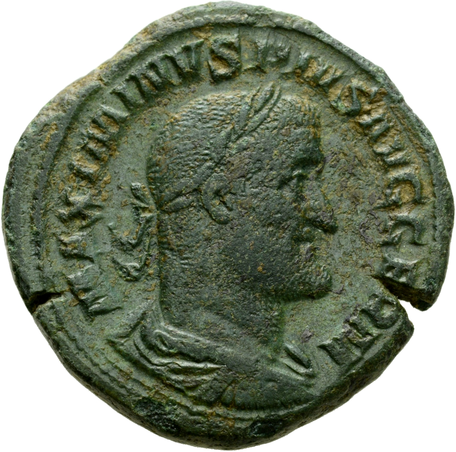 RIC IV Maximinus Thrax 90 Maximinus Thrax obverse, Bust of Maximinus I, laureate, draped, cuirassed, right