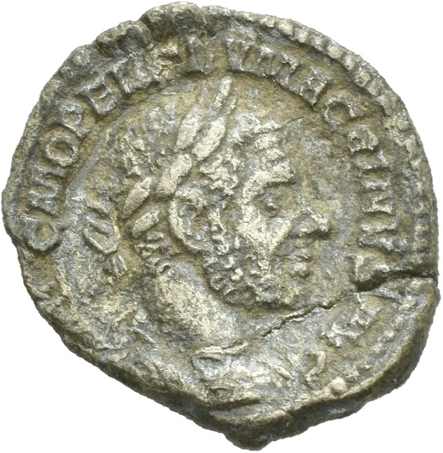 RIC IV Macrinus 1 Macrinus obverse, Bust of Macrinus, laureate, cropped bearded, cuirassed, right