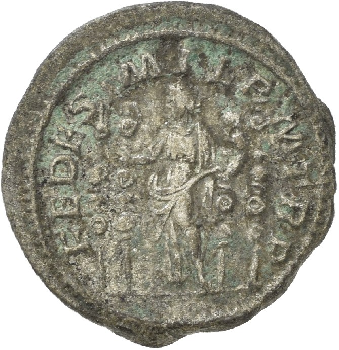 RIC IV Macrinus 1 Macrinus reverse, Fides, standing front, holding two standards; a standard on each side
