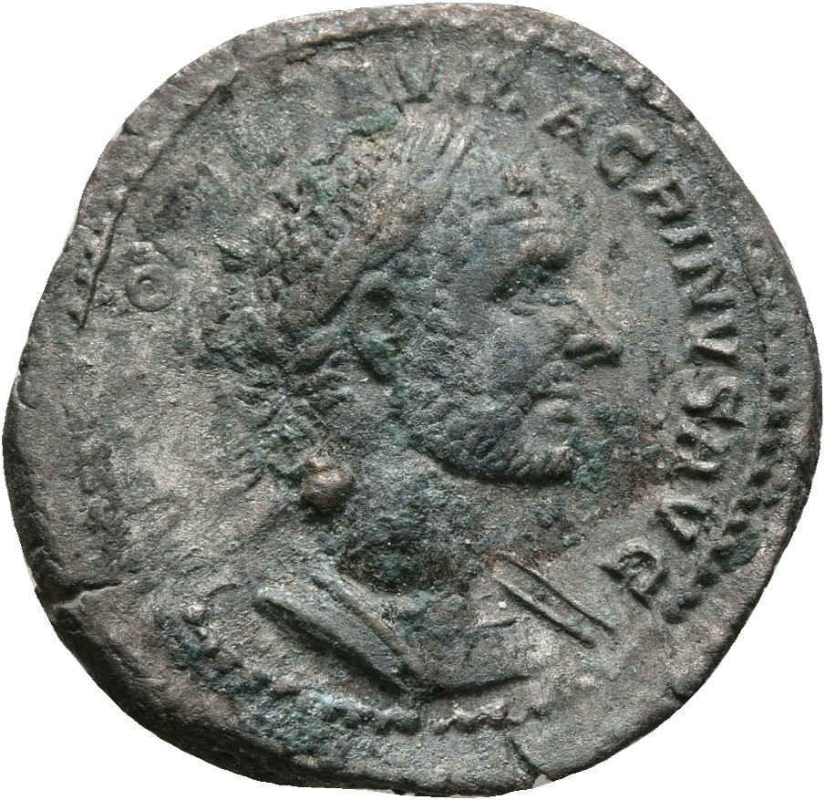 RIC IV Macrinus 10 Macrinus obverse, Bust of Macrinus, laureate, cropped bearded, cuirassed, right