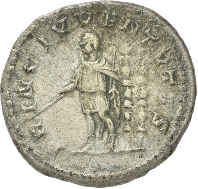 RIC IV Macrinus 106d Diadumenian reverse, Diadumenian, standing left, holding baton in right hand and sceptre in left hand...