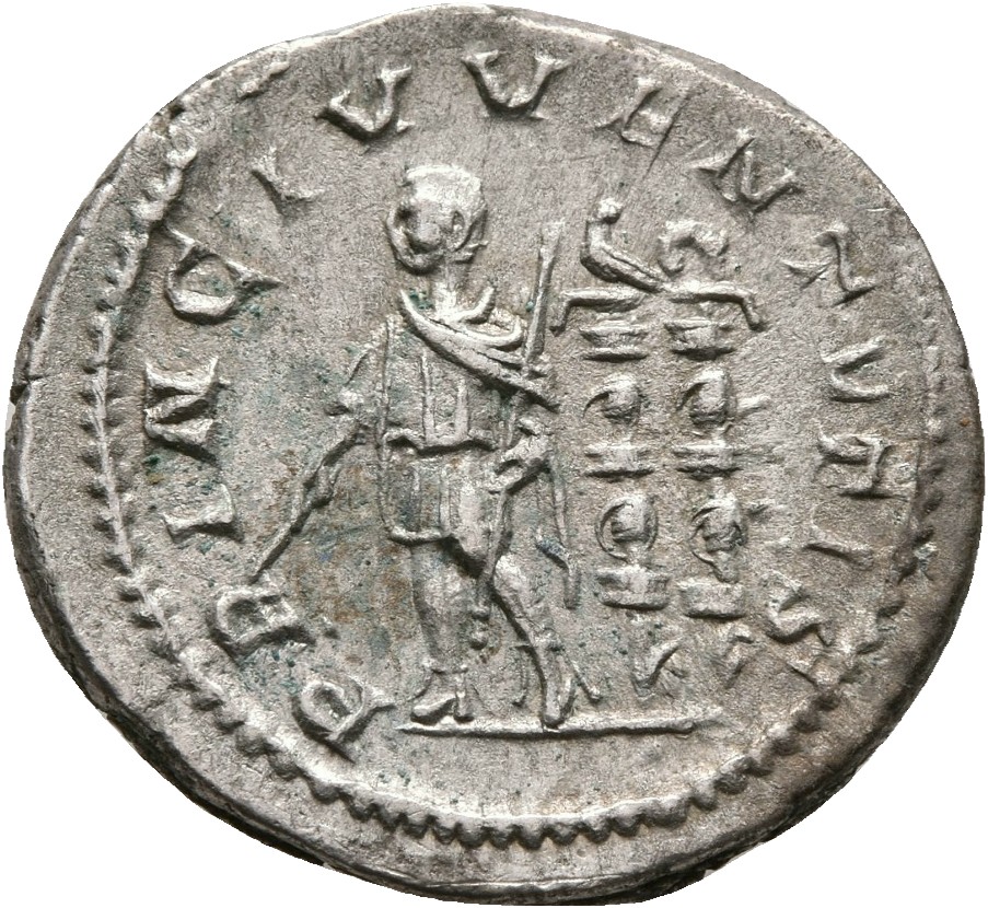 RIC IV Macrinus 107Aa Diadumenian reverse, Diadumenian, standing left, holding baton in right hand and sceptre in left han...