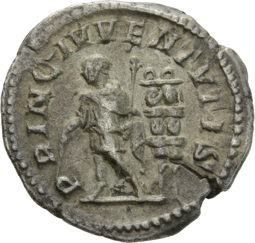 RIC IV Macrinus 107Ba Diadumenian reverse, Diadumenian, standing left, holding baton in right hand and sceptre in left han...