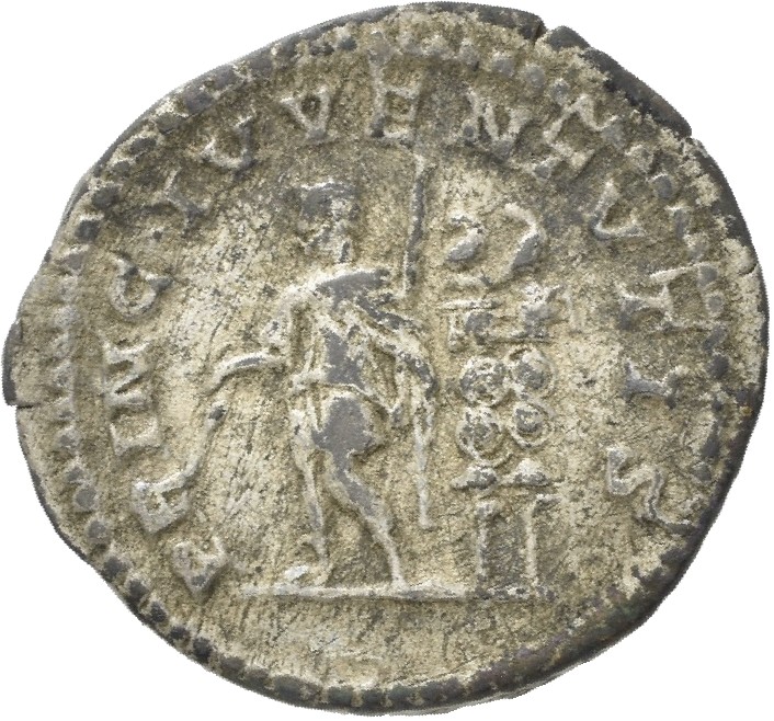RIC IV Macrinus 108 Diadumenian reverse, Diadumenian, standing left, holding baton in right hand and sceptre in left hand;...