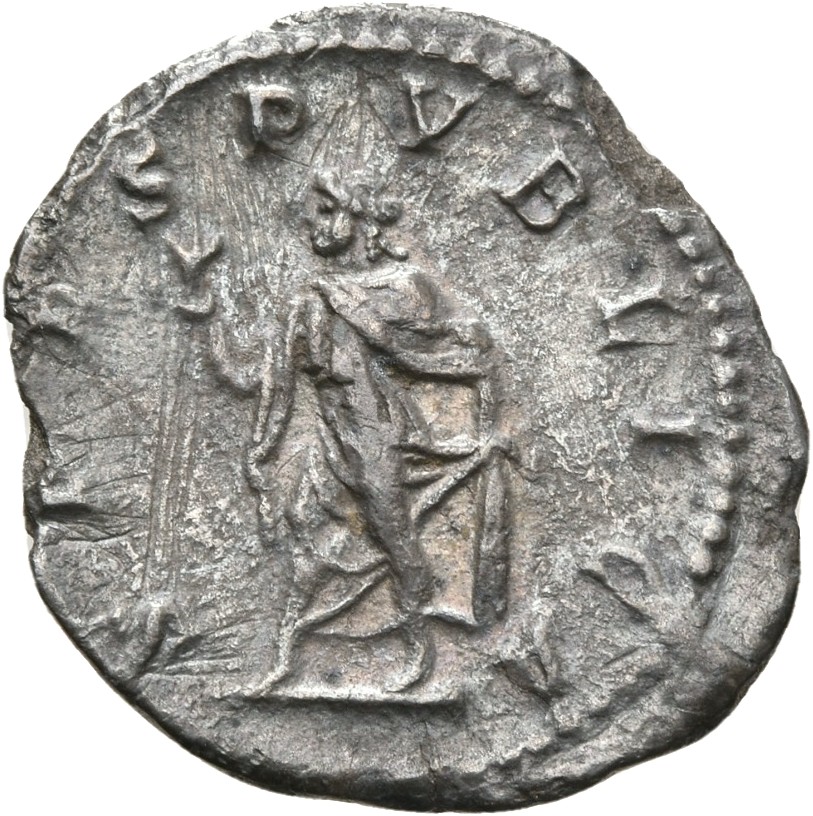 RIC IV Macrinus 116a Diadumenian reverse, Spes, draped, walking left, holding flower in right hand and raising her skirt w...