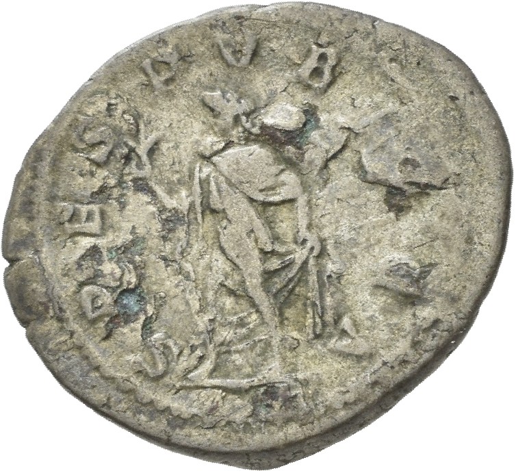 RIC IV Macrinus 116b Diadumenian reverse — Spes, draped, walking left, holding flower in right hand and raising her skirt ...