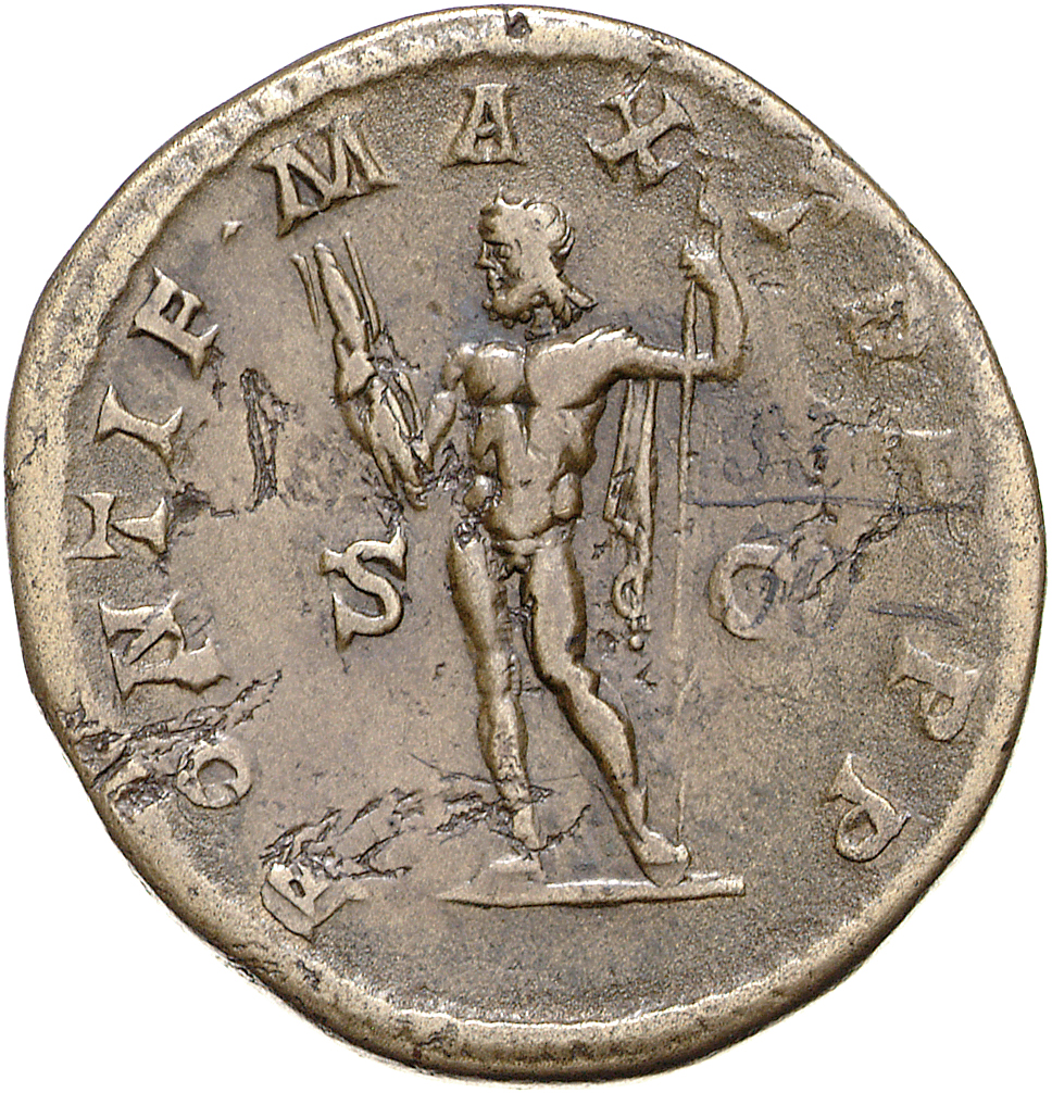 RIC IV Macrinus 119b Macrinus reverse, Jupiter, nude except for cloak over left arm, standing left, holding thunderbolt in...