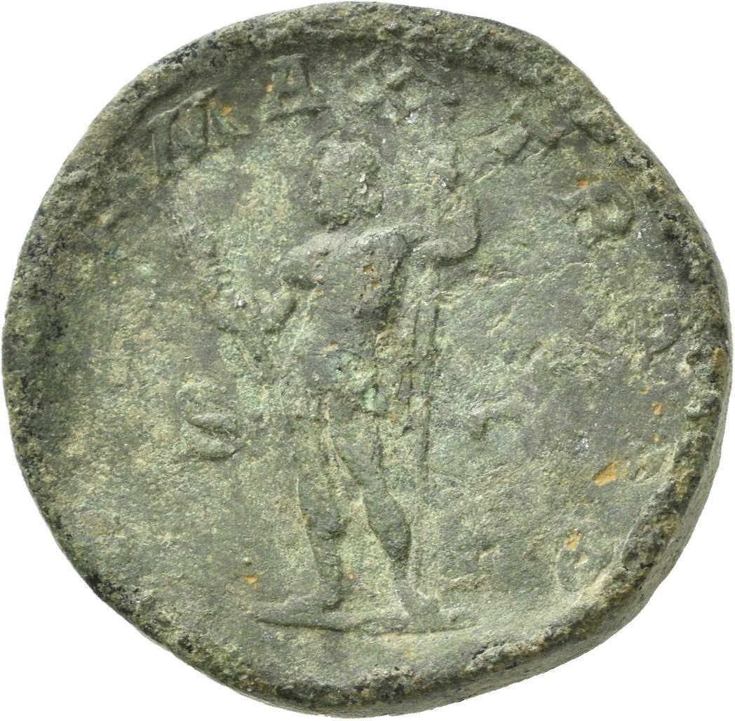 RIC IV Macrinus 119b Macrinus reverse — Jupiter, nude except for cloak over left arm, standing left, holding thunderbolt i...