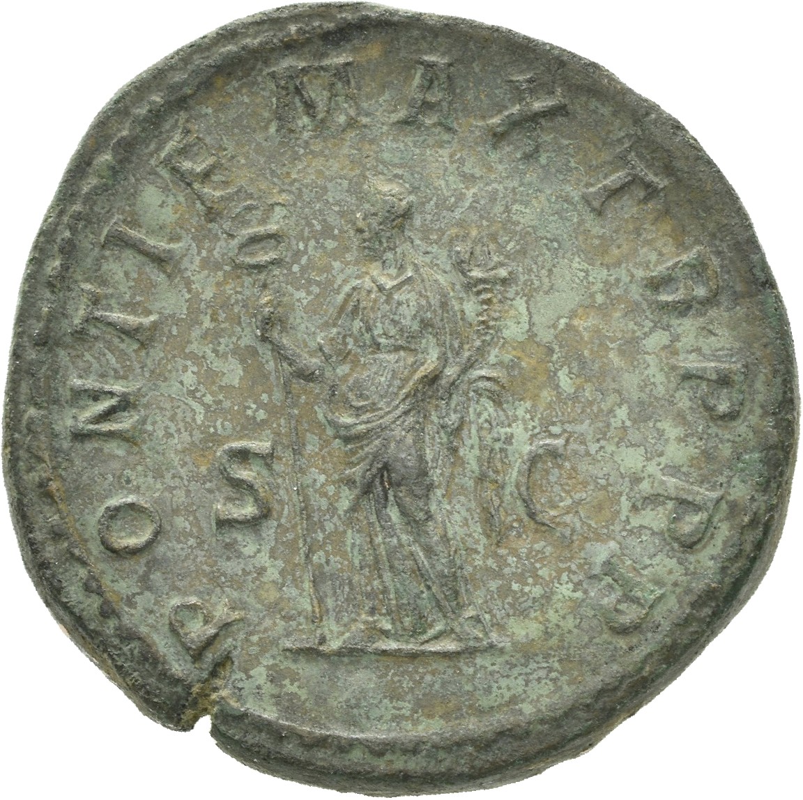 RIC IV Macrinus 121 Macrinus reverse, Felicitas, draped, standing left, holding long caduceus in right hand and cornucopia...