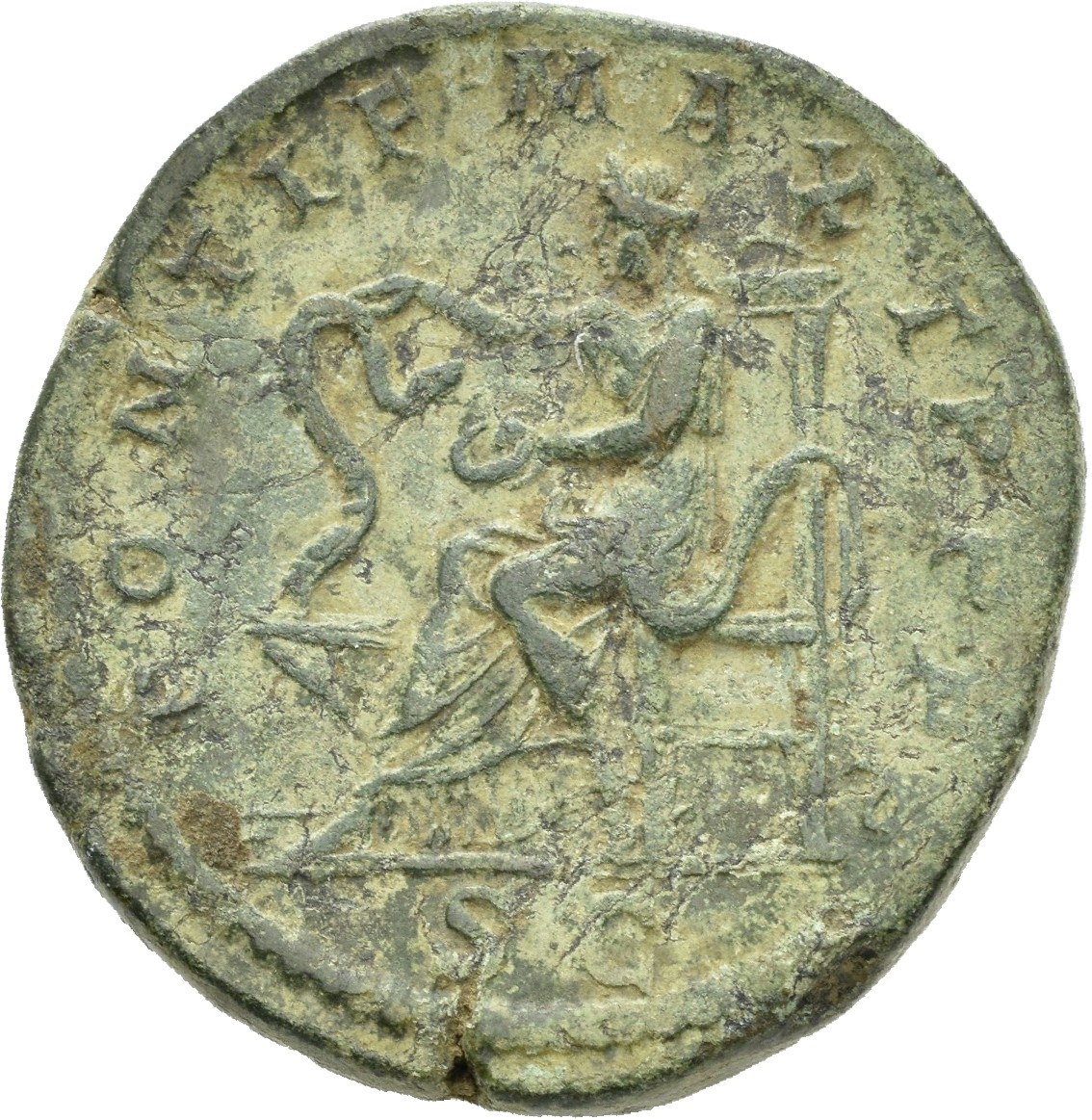 RIC IV Macrinus 124 Macrinus reverse, Salus, draped, seated left on throne with high back, feeding out patera in left hand...