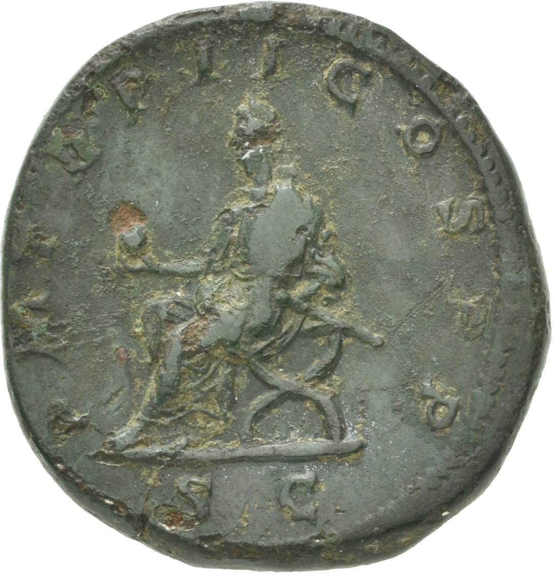 RIC IV Macrinus 148 Macrinus reverse, Macrinus, seated in curcule chair, holding globe in right hand and short sceptre in ...