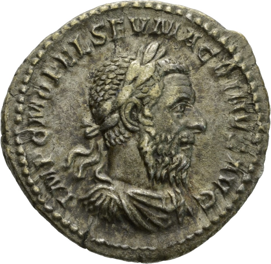 RIC IV Macrinus 15 Macrinus obverse, Bust of Macrinus, laureate, long bearded, draped, right