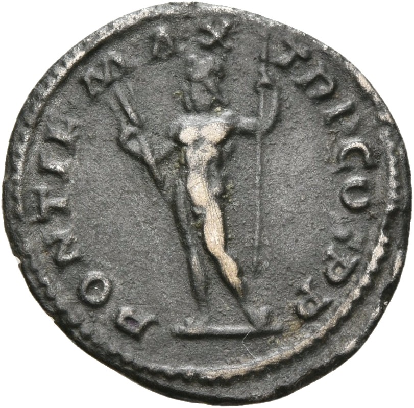 RIC IV Macrinus 15 Macrinus reverse, Jupiter, nude, standing left, holding thunderbolt in right hand and sceptre in left hand