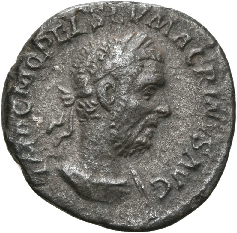 RIC IV Macrinus 15 Macrinus obverse — Bust of Macrinus, laureate, long bearded, draped, right