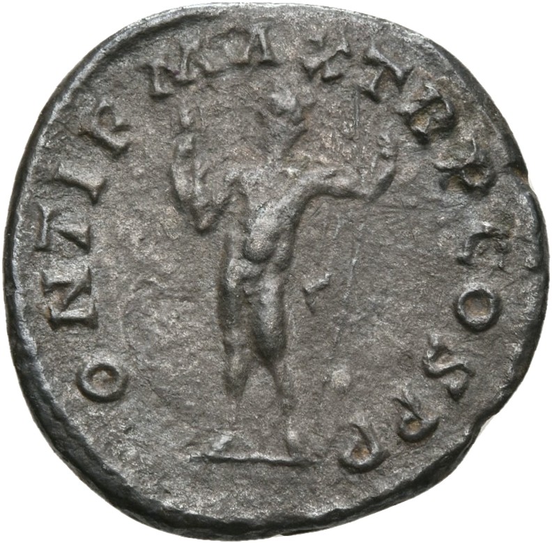 RIC IV Macrinus 15 Macrinus reverse — Jupiter, nude, standing left, holding thunderbolt in right hand and sceptre in left ...