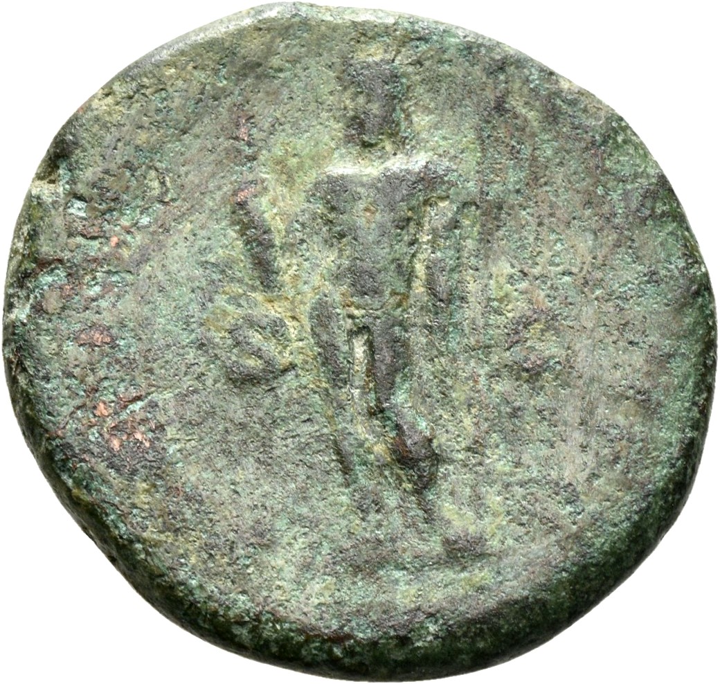 RIC IV Macrinus 154c Macrinus reverse, Jupiter, nude except for cloak over left arm, standing left, holding thunderbolt in...