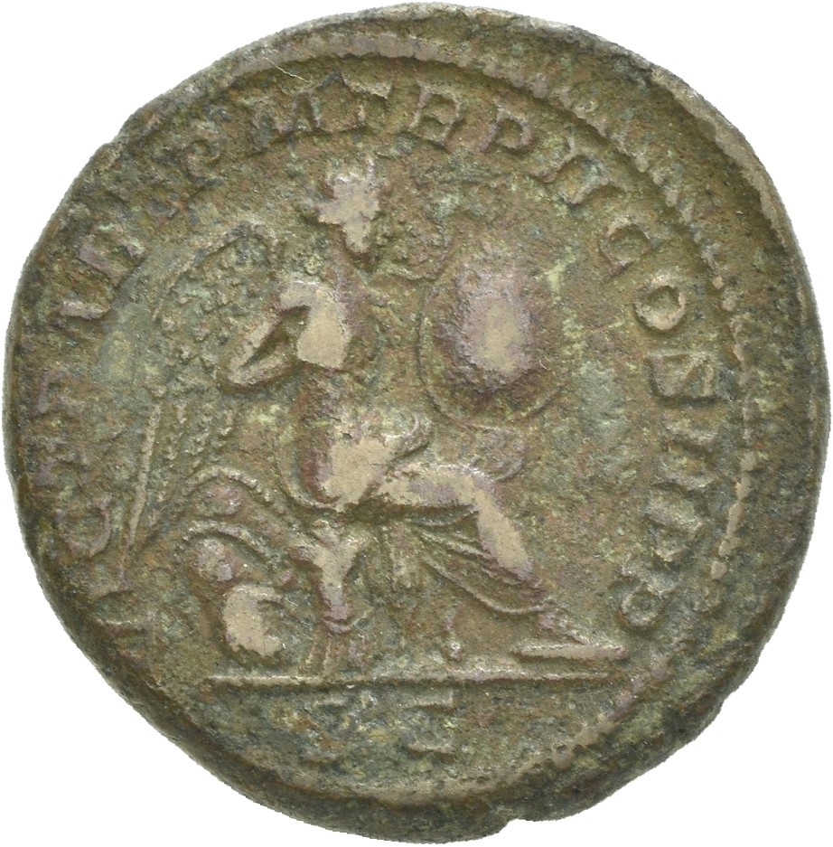 RIC IV Macrinus 166b Macrinus reverse — Victory, winged, draped, seated right no cuirass, about to inscribe shield which r...