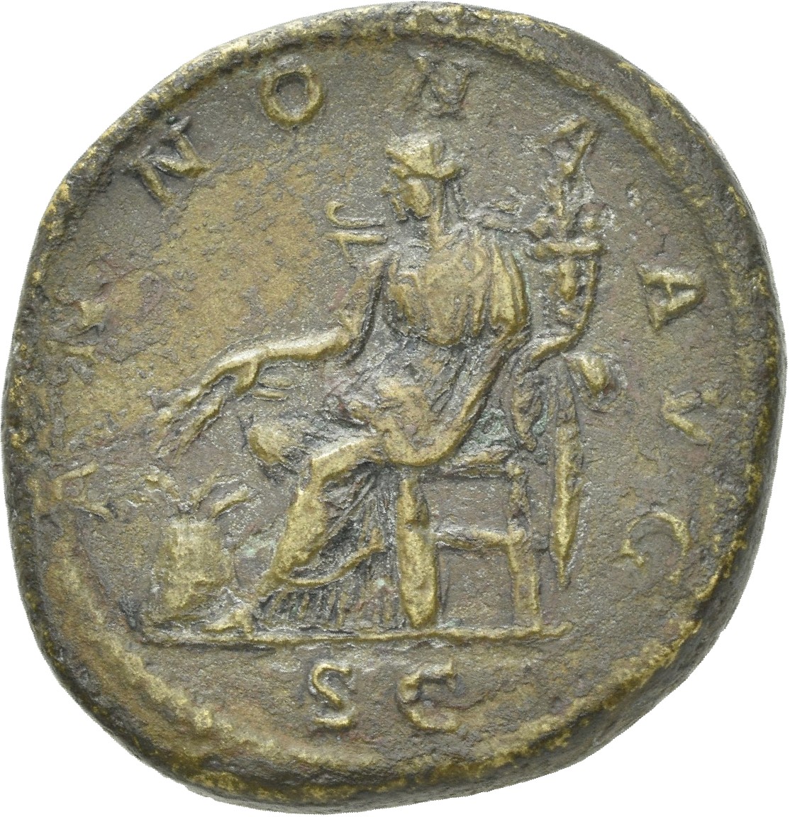 RIC IV Macrinus 169 Macrinus reverse — Annona, draped, seated left, holding corn-ears in right hand and cornucopiae in lef...