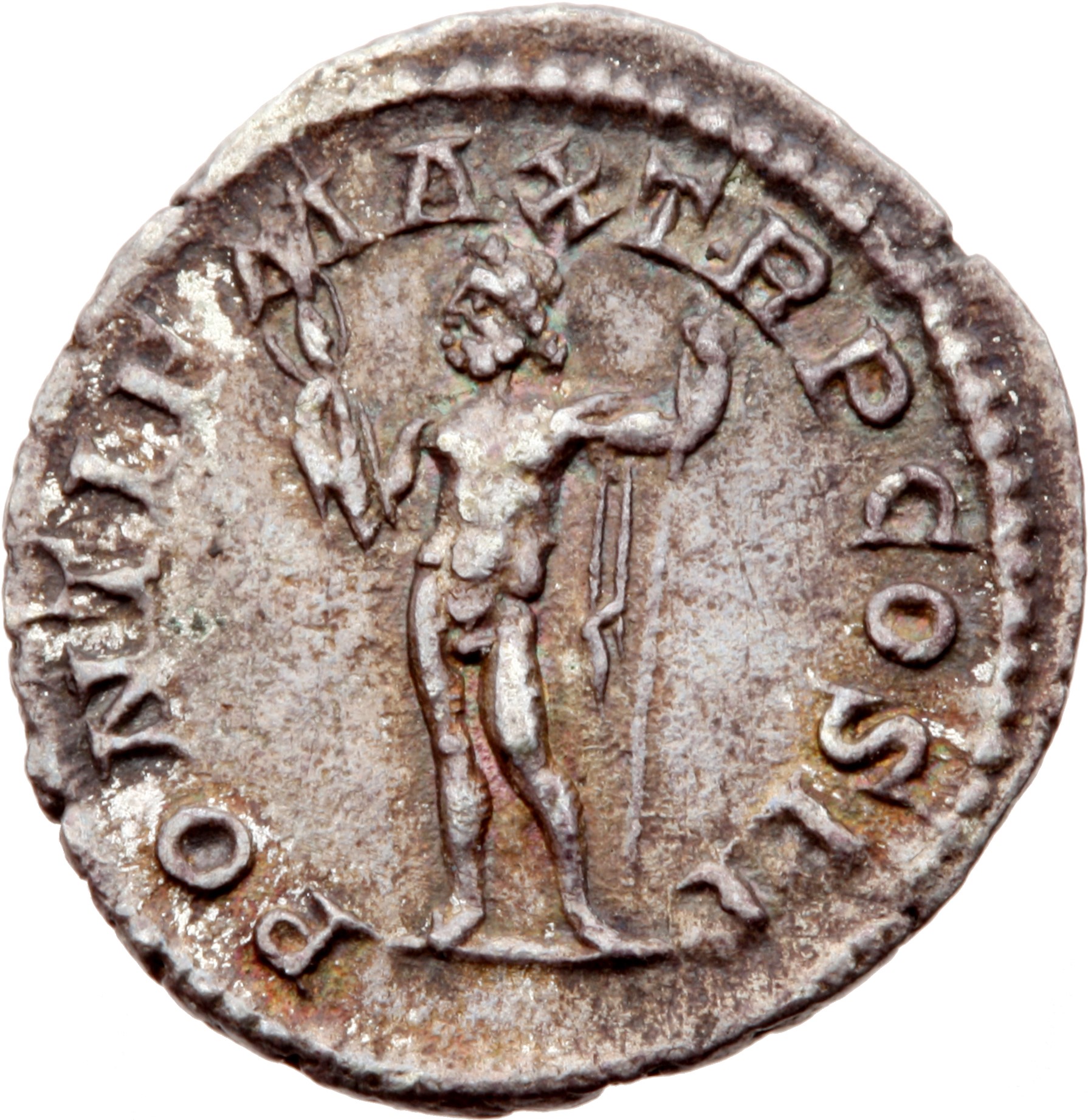 RIC IV Macrinus 17 Macrinus reverse, Jupiter, nude except cloak over left arm, standing left, holding thunderbolt in right...