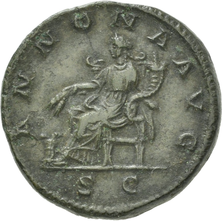 RIC IV Macrinus 170 Macrinus reverse — Annona, draped, seated left, holding corn-ears in right hand and cornucopiae in lef...