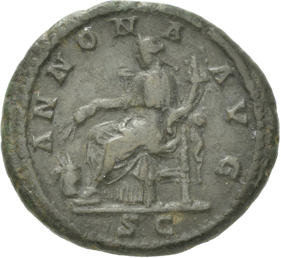 RIC IV Macrinus 171 Macrinus reverse, Annona, draped, seated left, holding corn-ears in right hand and cornucopiae in left...