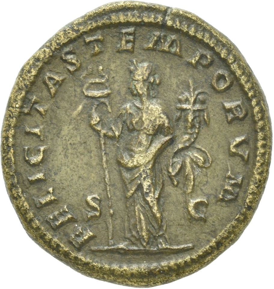 RIC IV Macrinus 173f Macrinus reverse, Felicitas, draped, standing left, holding long caduceus in right hand and cornucopi...