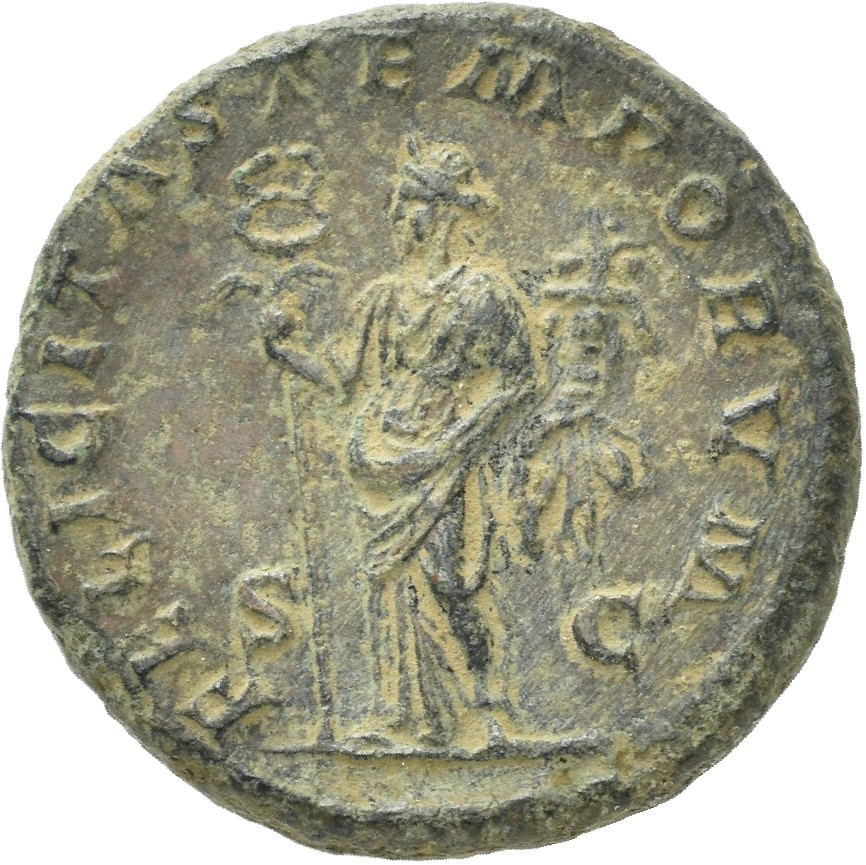 RIC IV Macrinus 175b Macrinus reverse, Felicitas, draped, standing left, holding long caduceus in right hand and cornucopi...