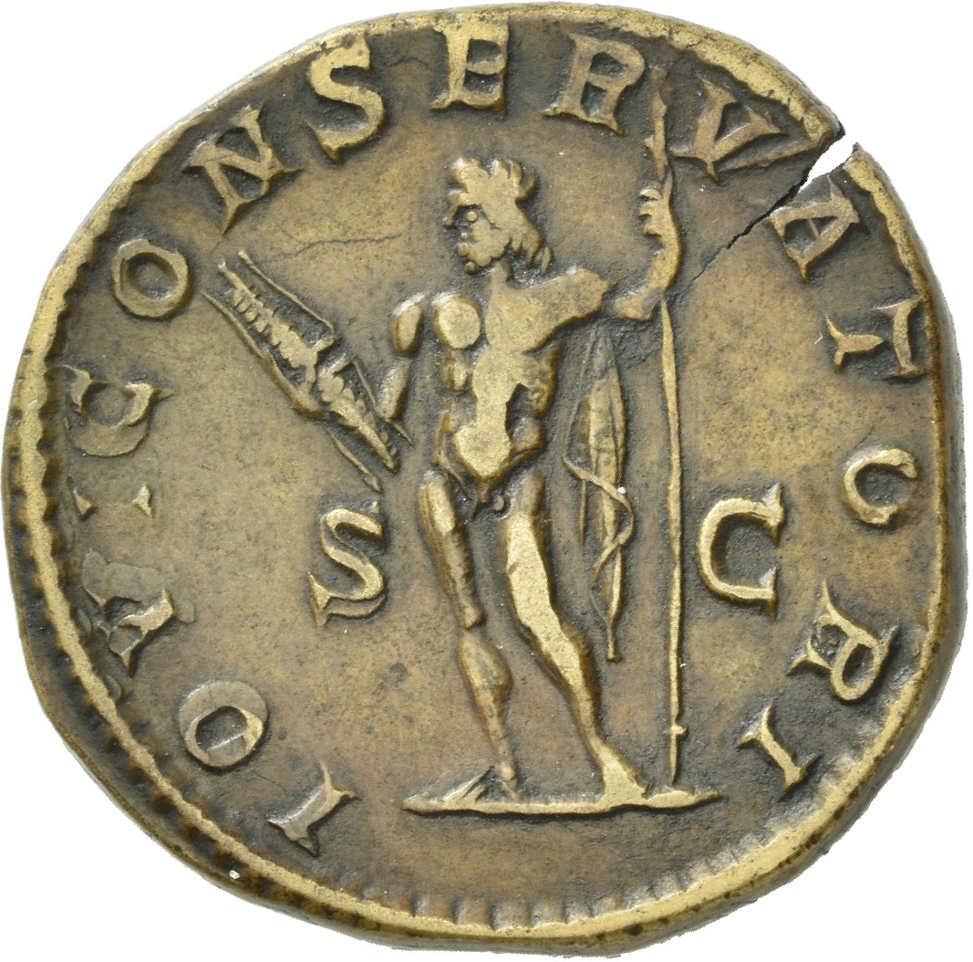 RIC IV Macrinus 185c Macrinus reverse, Jupiter, nude except cloak over left arm, standing left, holding thunderbolt in rig...