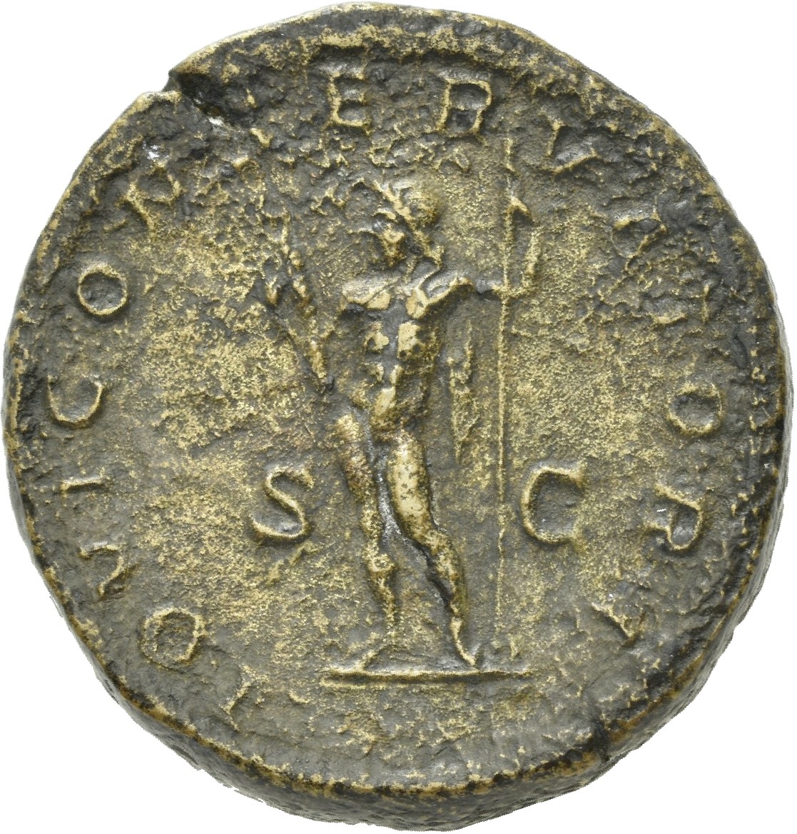 RIC IV Macrinus 186c Macrinus reverse, Jupiter, nude except cloak over left arm, standing left, holding thunderbolt in rig...