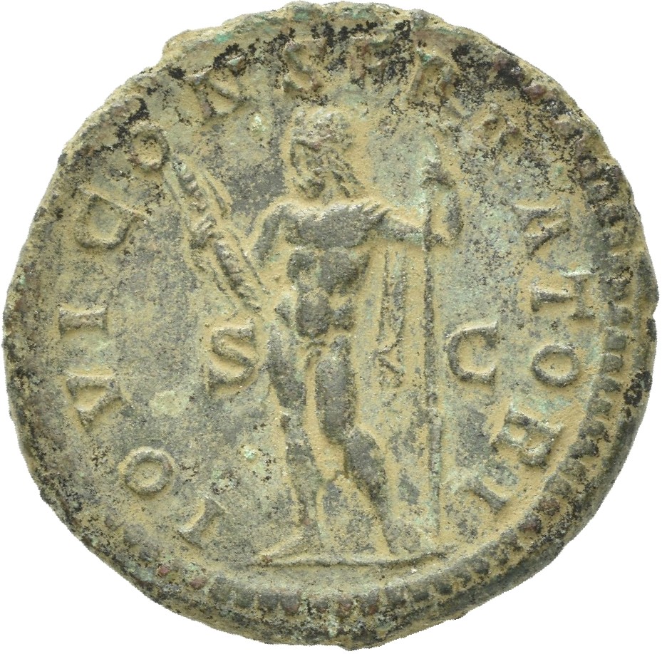 RIC IV Macrinus 188 Macrinus reverse — Jupiter, nude except cloak over left arm, standing left, holding thunderbolt in rig...