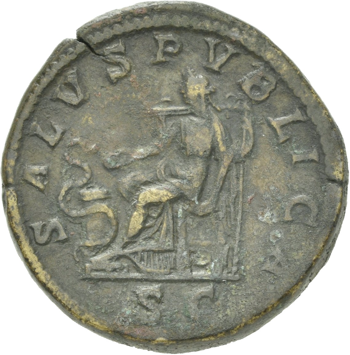 RIC IV Macrinus 197 Macrinus reverse, Salus, draped, seated left, feeding snake coiled round altar
