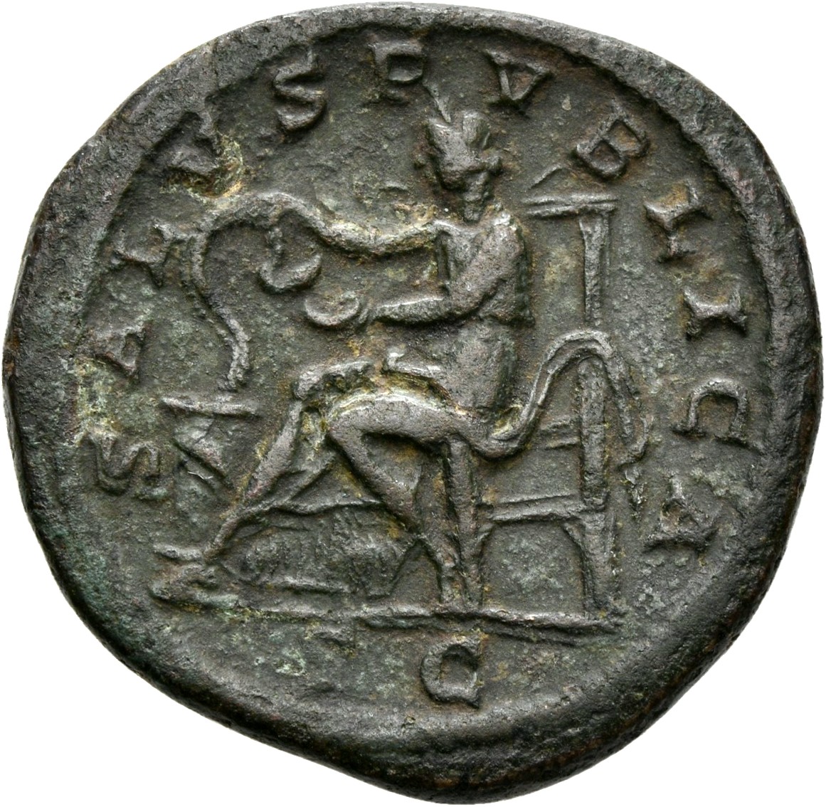 RIC IV Macrinus 199 Macrinus reverse, Salus, draped, seated left, feeding snake coiled round altar