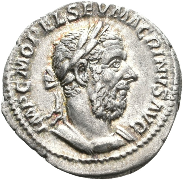 RIC IV Macrinus 19c Macrinus obverse, Bust of Macrinus, laureate, long bearded, draped, cuirassed, right
