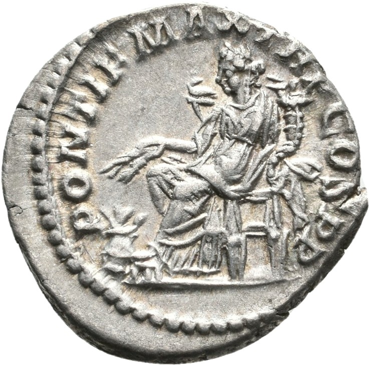 RIC IV Macrinus 19c Macrinus reverse, Annona, draped, seated left, holding two corn-ears in right hand and cornucopiae in ...