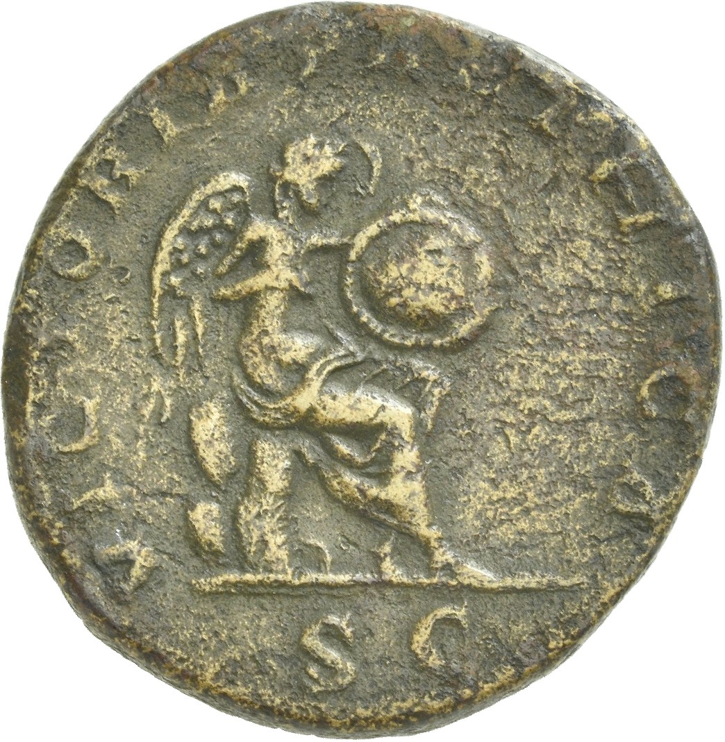 RIC IV Macrinus 209 Macrinus reverse, Victory, winged, draped seated on cuirass, right, about to inscribe shield which res...