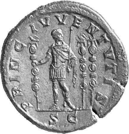 RIC IV Macrinus 211 Diadumenian reverse, Diadumenian, standing front, head right, holding standard in right hand and scept...