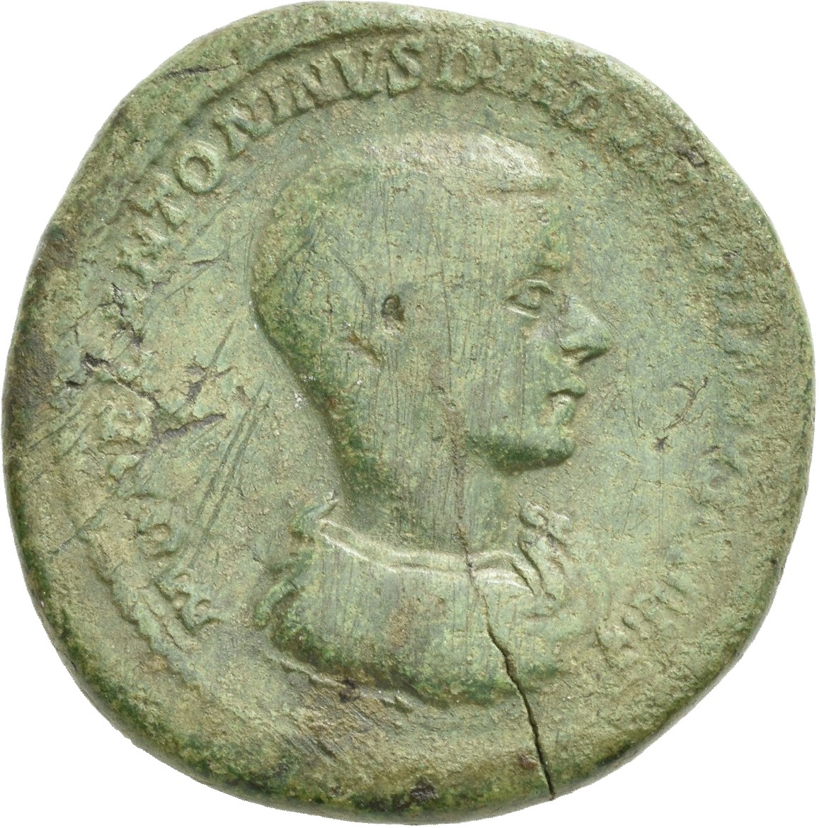 RIC IV Macrinus 219 Diadumenian obverse — Bust of Diadumenian, bare-headed, draped, cuirassed, right