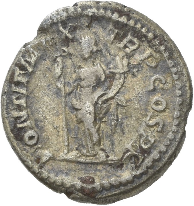 RIC IV Macrinus 21b Macrinus reverse, Felicitas, draped, standing left, holding long caduceus in right hand and cornucopia...