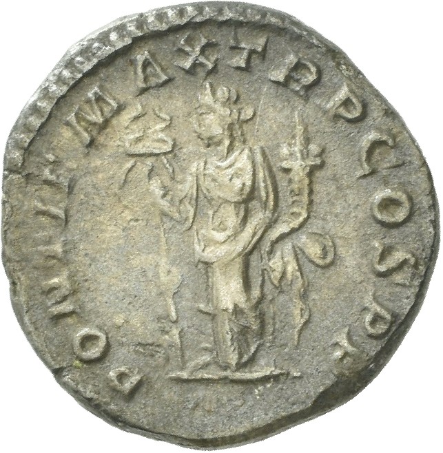 RIC IV Macrinus 21b Macrinus reverse — Felicitas, draped, standing left, holding long caduceus in right hand and cornucopi...