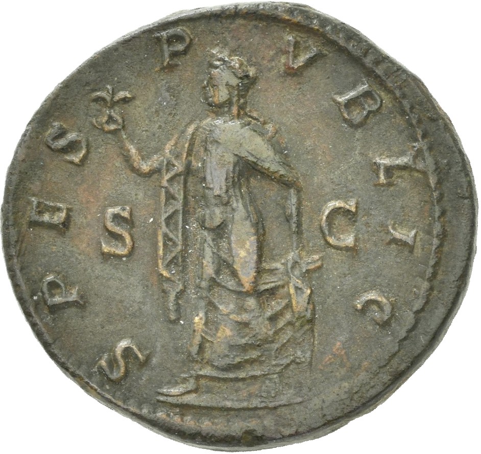 RIC IV Macrinus 220 (as) Diadumenian reverse, Spes, draped, walking left, holding flower in right hand, raising skirt with...