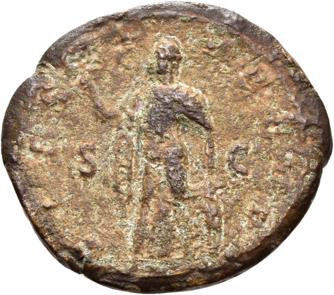 RIC IV Macrinus 220 (as) Diadumenian reverse — Spes, draped, walking left, holding flower in right hand, raising skirt wit...