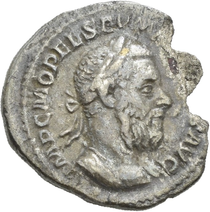 RIC IV Macrinus 22A Macrinus obverse, Bust of Macrinus, laureate, long bearded, draped, right